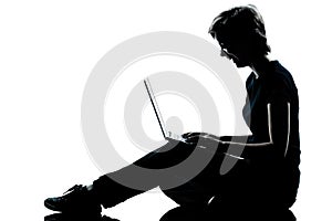 One young teenager girl silhouette computer computing laptop la