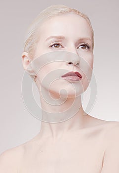 One young woman, pale skin, white gray hair, retouch portrait photo