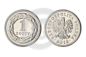 One zloty coin Poland money currency isolated on white