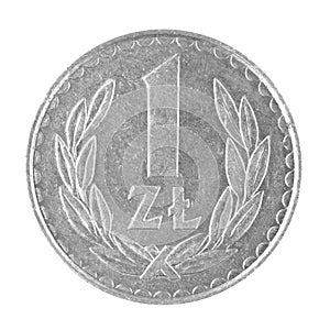 One 1 zloty Polish money coin isolated on a white background