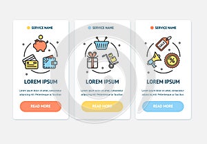 Oneboarding App Screens Cards E-commerce Set. Vector