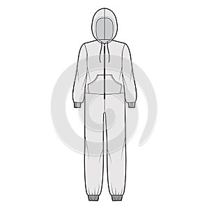 Onesie overall jumpsuit sleepwear technical fashion illustration with full length, hood, zipper closure, kangaroo pouch photo