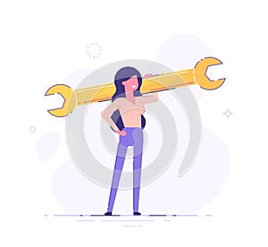 Ð¡onfident businesswoman is holding a huge wrench. Technical support concept. Modern flat vector illustration