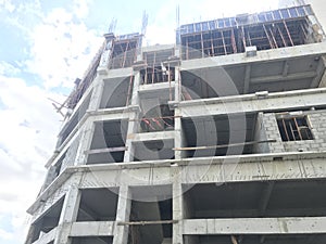 An Ongoing Construction Site front elevation view of Skeleton or Framed Structure consists of Columns Slab Beams and Shuttering