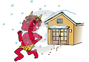 Oni crying in the snow after being kicked out of the house during Setsubun, a traditional Japanese event
