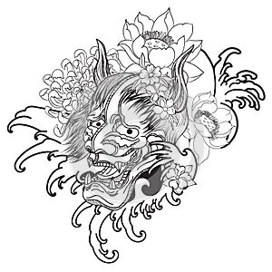 Oni mask with Sakura and Peony flower