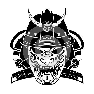 Oni Mask Tattoo T-shirt. Black masked samurai. Traditional Japanese