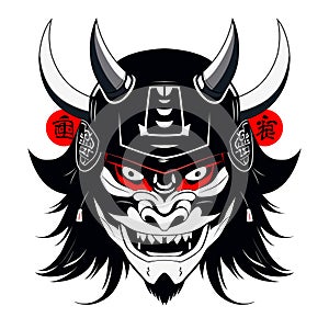 Oni Mask Tattoo T-shirt. Black masked samurai. Traditional Japanese warrior.