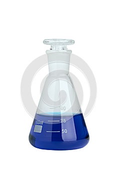 Ð¡onical flask with a blue reagent isolated on a white background, the concept of scientific research in biology and medicine