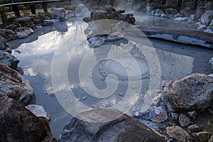 Oniishi bozu jigoku is landmark in beppu,Japan. the gray mud pool