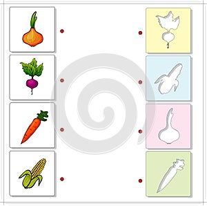Onion, beet, carrot and corn. Educational game for kids