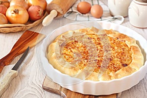 Onion cheese pie and ingredients
