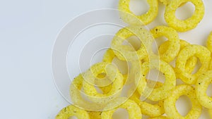 Onion chips rings concept flat light. White background background. Rotating