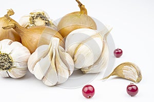 Onion, cranberry, garlic seeds isolated on a white background