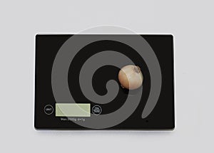 Onion on a digital white kitchen scale.