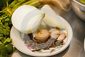Onion and garlic Ingredients for Mexican food pepitas, pipas, Pumpkin seeds in mexico photo