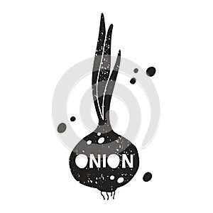 Onion grunge sticker. Black texture silhouette with lettering inside. Imitation of stamp, print with scuffs