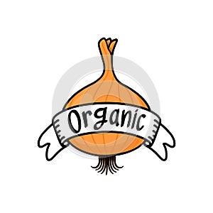 Onion with organic food banner illustration on white background