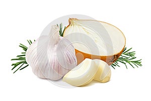 Onion, peeled garlic cloves and rosemary isolated on white background