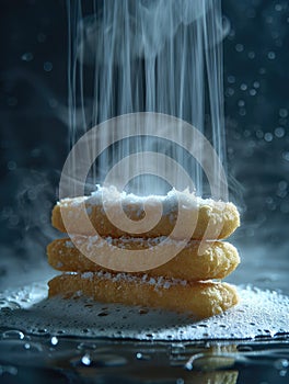 Onion rings deepfried, topped with sugar like waterfalls of sweetness photo