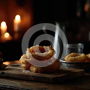 Onion Rings On Stone In Rustic Pub. Generative AI