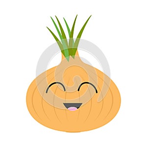 Onion ripe bulb with green sprout icon. Yellow color. Vegetable collection. Fresh farm healthy food. Smiling face. Cute cartoon ch