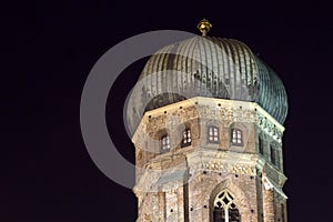 Onion shaped church tower, Munich, at night