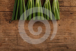 Onion sticks on wooden table