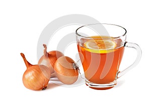 Onion tea for colds with lemon in glass mug isolated. Homemade folk remedy.