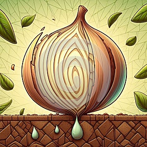 an onion on top of a fence and leaves around it