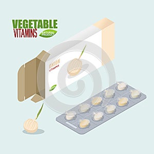 Onion vitamins. Vegetarian pills. Diet tablets in ack. Natural p