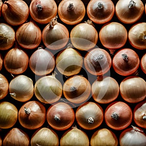 Onions attractively arranged for sale at market stall display