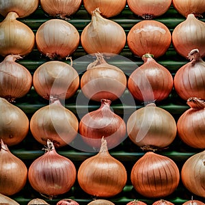 Onions attractively arranged for sale at market stall display