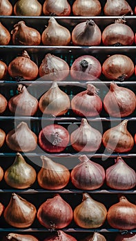 Onions attractively arranged for sale at market stall display