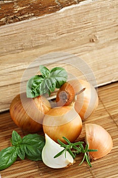 Onions and basil leaves