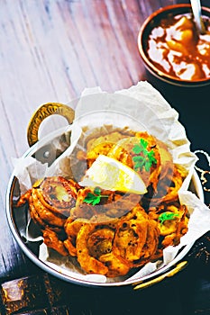 Onions bhaji with mango chutney