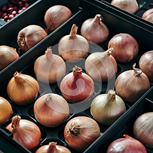 Onions in black plastic box, fresh produce display concept