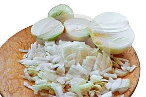 Onions cleaned from the husk, sliced onion, head napiform onions