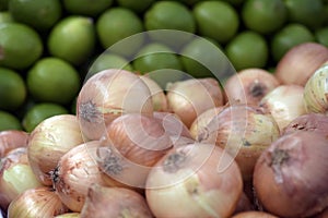 Onions on display on street market stall in Brazil