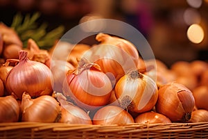 Onions in a grocery store in a close-up shot, macro shot - made with Generative AI tools