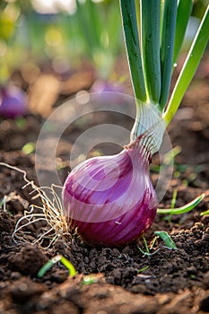 onions growing in the garden close-up