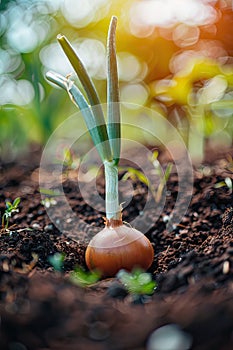 onions growing in the garden close-up