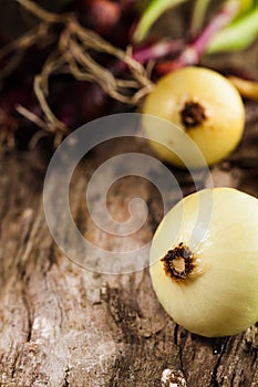 Onions on grunge wood