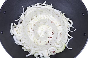 Onions overlying prepared meat in a cauldron