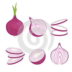 Onions whole and in slices set. Fresh purple vegetable for seasoning and baking half and cut thin rings for salad and