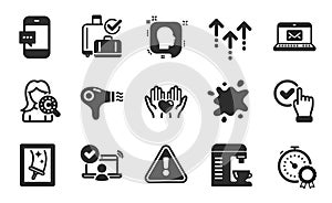 Online access, Head and Hold heart icons set. Checkbox, Baggage reclaim and Swipe up signs. Vector