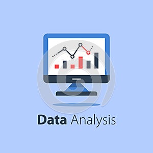 Online analytics, computer monitor and diagram, web statistic, internet big data