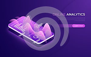 Online analytics, data analysis, financial performance isometric concept