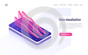 Online analytics, data analysis and visualization isometric concept