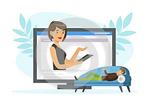 Online Appointment with Psychologist with Man on Couch Telling about His Problem Vector Illustration